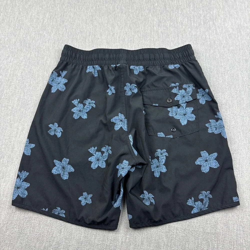 Travis Mathew Shorts Mens Medium Black Blue Floral Boardshort‎ Swim Trunks Surf